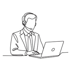 Minimalist Line Art of Businessman with Headset Working on Laptop – Customer Support and Remote Work Illustration