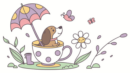 Loving Dog with in a teacup, set in a charming Spring theme – Blooming Renewal color vector art