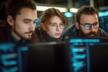 Team of professionals working together at computers. A serious and focused shot of collaboration and skill. Data analysis, cybersecurity, software development.