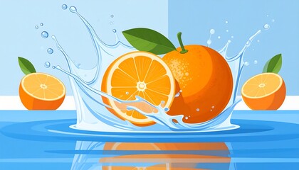 Fresh orange slices splashing in water
