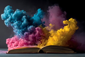 Open book releasing vibrant clouds of colorful powder creating a magical explosion of imagination and creativity
