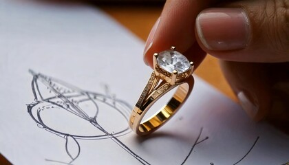 Elegant gold ring design with a sparkling diamond held above a detailed sketch at a creative workspace