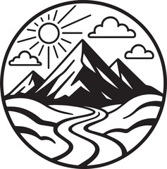 Stylized mountain landscape with winding river and sunny sky