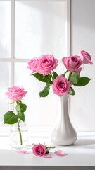 Pink roses in a vase on a windowsill