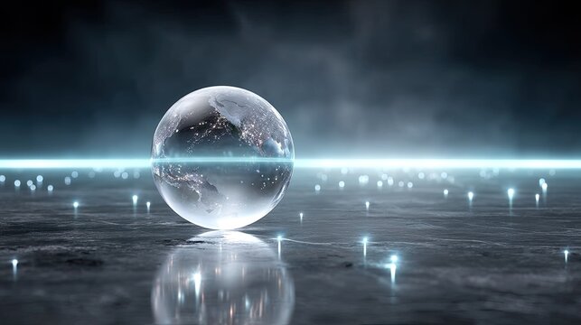Abstract Spherical Hologram Glowing on Dark Surface in Futuristic Background with Reflections and Soft Light Effects