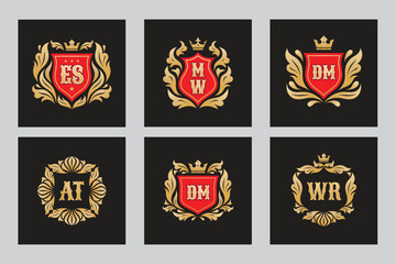 Monograms letters - concept logo set graphic design. Crest heraldic luxury emblem collection. Shield, golden leaves and crown. Vector illustration. 
