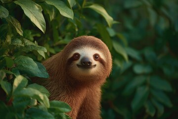 Naklejka premium Curious sloth peeks through lush green foliage, showcasing playf