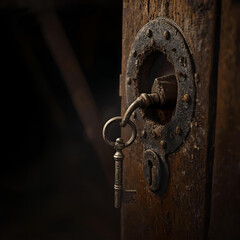 Rustic key hangs from a ring in an aged round lockplate on wood