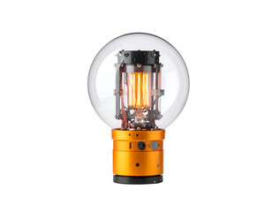 A vintage-inspired light bulb design featuring an illuminated filament inside a glass dome with a metallic base.