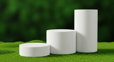 Clean White Cylinder Product Display Stands on Vibrant Green Background 3D Render