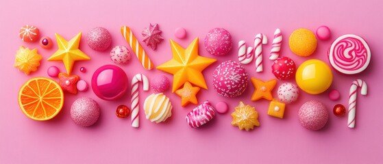 Fototapeta premium Festive candy and ornament composition for holiday designs