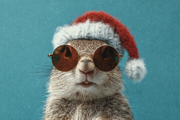 Cool squirrel wearing a Santa hat and sunglasses against a teal background