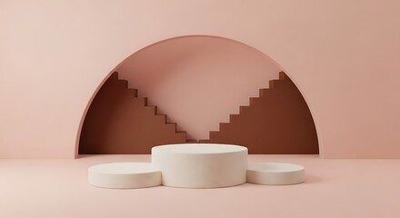 Minimalist Podium Stage for Product Display with Arch Staircase in Pastel Pink