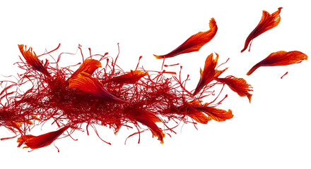 saffron threads and petals in flight, forming an abstract red color line on a white background