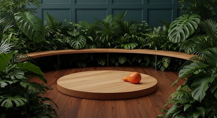 Empty Natural Wooden Stage with Pumpkin in Tropical Garden Product Mockup