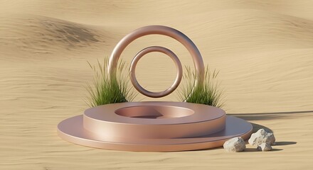 Minimalist Bronze Podium with Desert Sand Backdrop Product Display Mockup