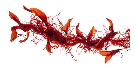 saffron threads and petals in flight, forming an abstract red color line on a white background