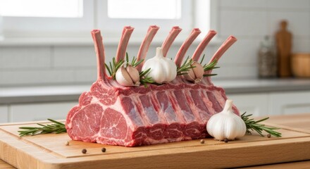 Raw rack of lamb on a wooden board, garnished with garlic and rosemary