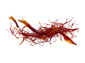 saffron threads and petals in flight, forming an abstract red color line on a white background