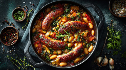 Cassoulet Slow-cooked casserole of sausage and white beans in casserole dish placed at the center of a dark textured background, 