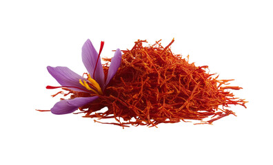 saffron threads and petals in flight, forming an abstract red color line on a white background