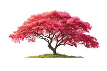 a red japanese maple tree with bright pink leaves, standing on grassy ground against a white background