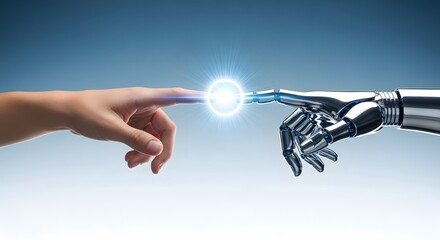 Human hand and robot hand touching with a bright light between them on a gradient background