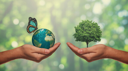 Hands holding planet earth and green tree with butterfly globe