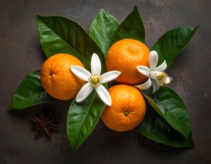 Fresh oranges with blossoms and leaves