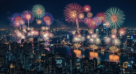 Fototapeta premium Dazzling Fireworks Display Over Illuminated Cityscape at Night,