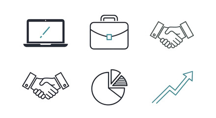 Illustration of business icons including laptop briefcase handshake pie chart and upward trending arrow
