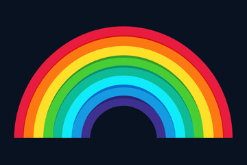 A vibrant and colorful rainbow arc in the bright blue summer sky with clouds