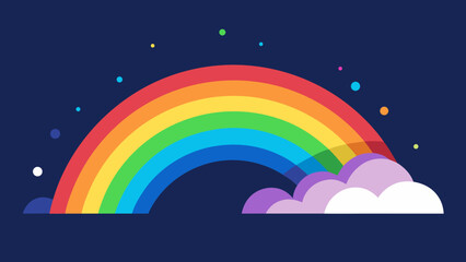 A bright, colorful vector illustration of a rainbow in the night sky with clouds and a moon