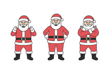 Santa Claus character set with angry face, arms akimbo pose and crossed arms gesture, traditional red costume with beard, festive Christmas mascot for holiday season design. Flat vector illustration 