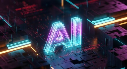 Fototapeta premium Illuminated ai letters with neon glow on a dark motherboard with digital data and circuit patterns