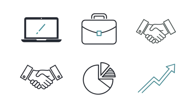 Illustration of business icons including laptop briefcase handshake pie chart and upward trending arrow