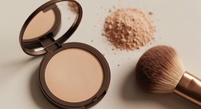 Round, light beige powder compact, loose powder, and makeup brush