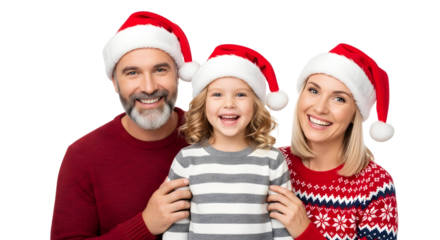 Happy Family Celebrating Christmas Together Wearing Santa Hats and Festive Sweaters