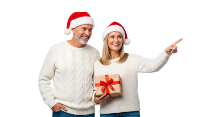 A happy couple in Santa hats holding a Christmas gift and pointing, celebrating the holiday season