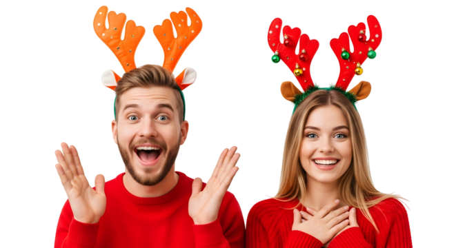 Excited Couple Wearing Christmas Reindeer Antlers, Celebrating the Holiday Season with Joyful Expressions