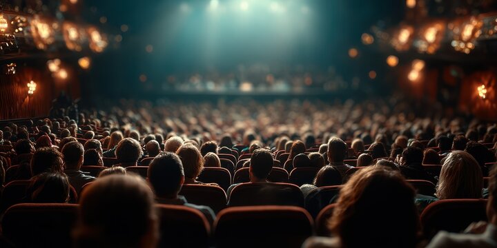 Audience gathers in a theater to enjoy a live performance as lights dim and excitement builds in the atmosphere