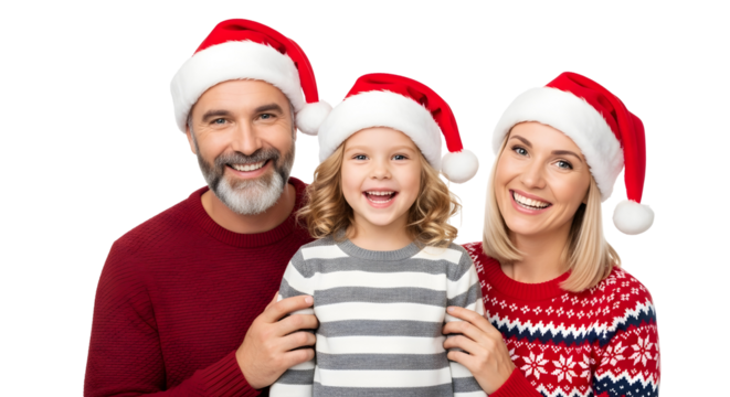 Happy Family Celebrating Christmas Together Wearing Santa Hats and Festive Sweaters