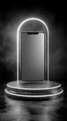 Modern smartphone displayed in a glowing showcase on a dark background