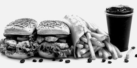 Tasty fast food: burgers, fries, and a drink served!