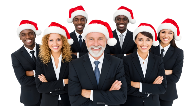 A diverse group of smiling business professionals wearing Santa hats, celebrating the holiday season together at work