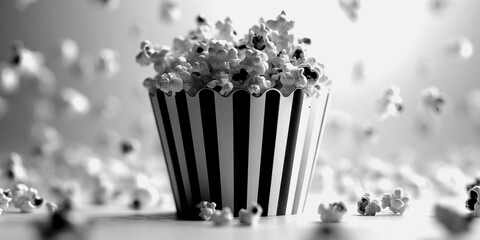Popcorn spills from striped bucket in black and white setting