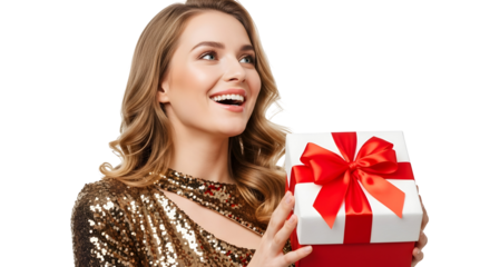 Happy Woman in a Sequined Dress Holding a Red Gift Box with a White Ribbon