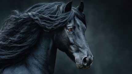 Majestic black horse with flowing mane poses against dark background in studio setting