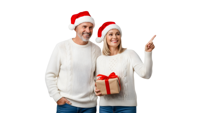 Happy couple in Santa hats holding a gift and pointing, celebrating Christmas together