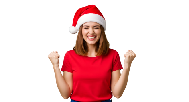 Excited woman in Santa hat celebrating Christmas with fists pumped in the air against a white background
